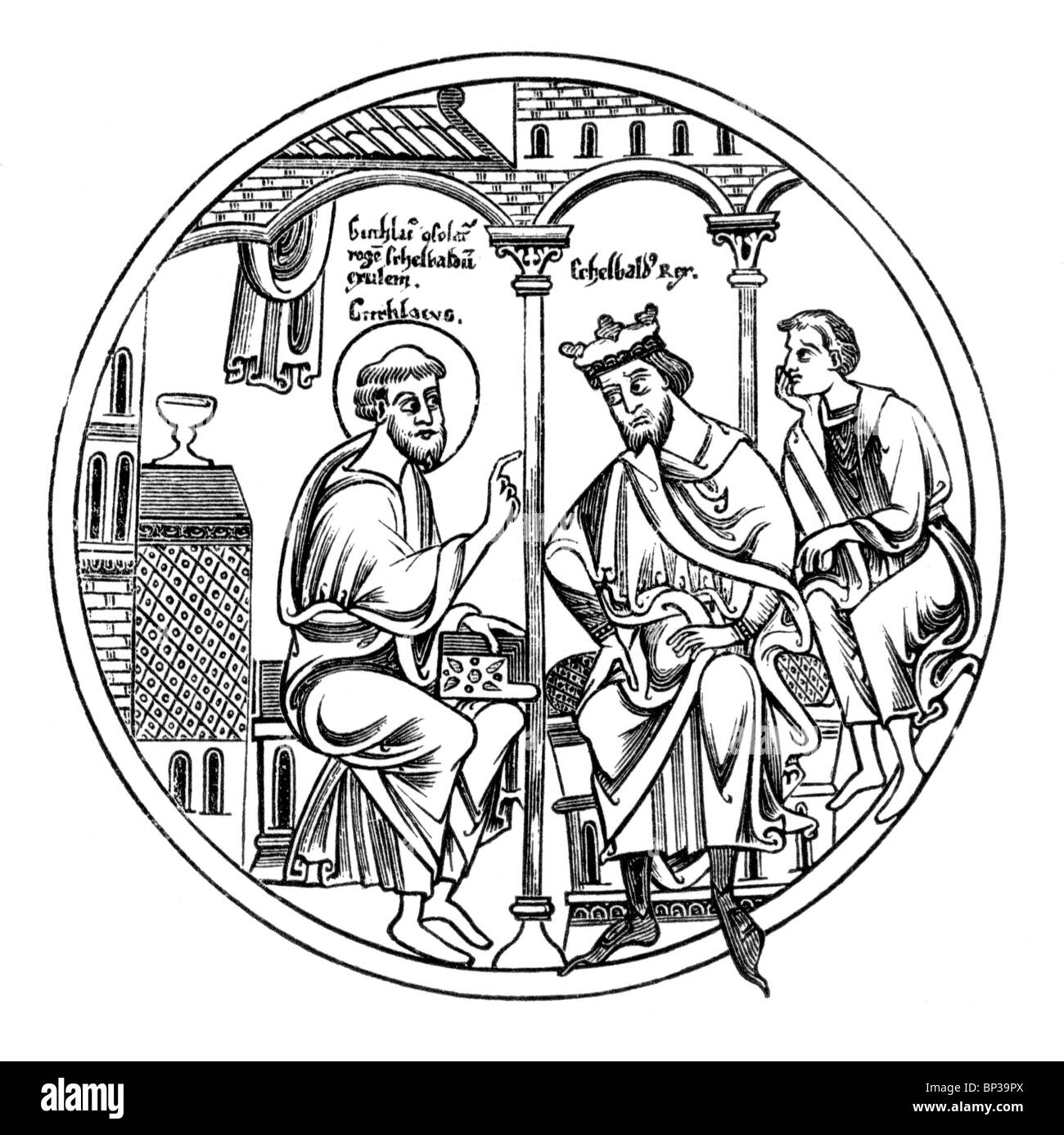 Illustration noir et blanc de la scène ; Guthlac Roll ; 12e siècle ; la vie de Guthlac ; Roi Æthelbald visiter Guthlac Banque D'Images