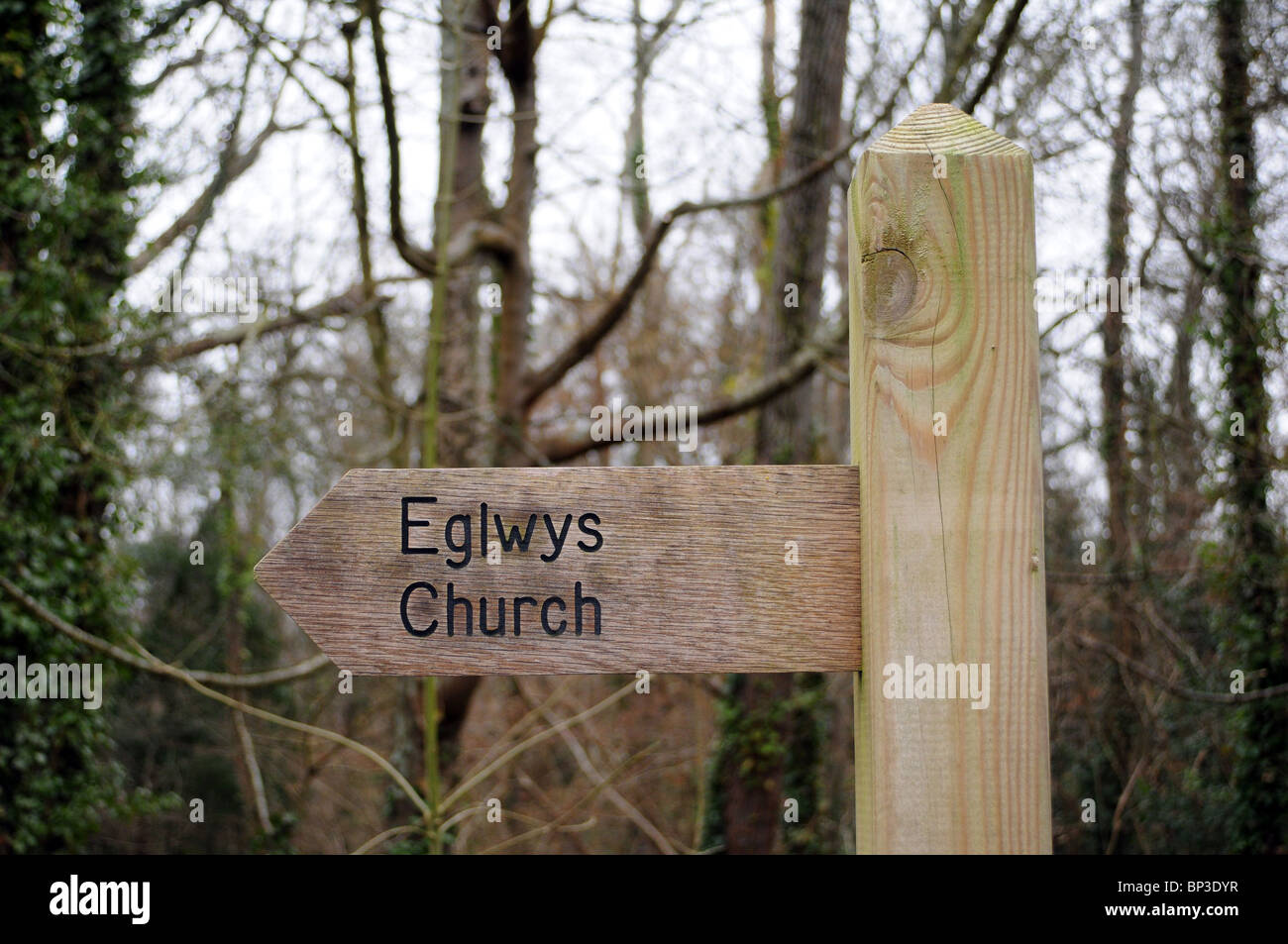 Doigt en bois panneau pointant vers l'église en anglais et gallois Banque D'Images