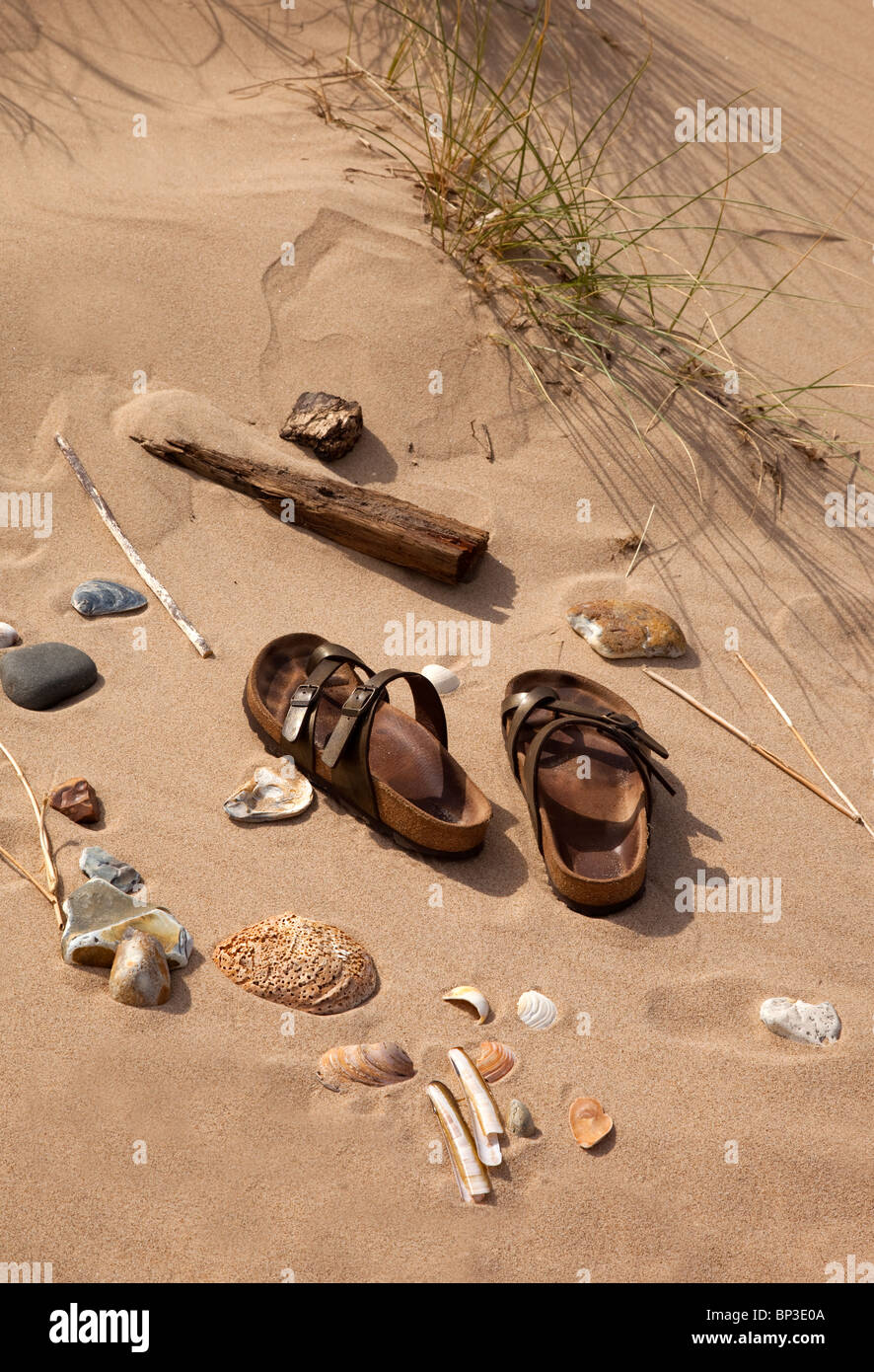 Sandales sur plage de sable avec des coquillages et des pierres, Norfolk, Angleterre Banque D'Images