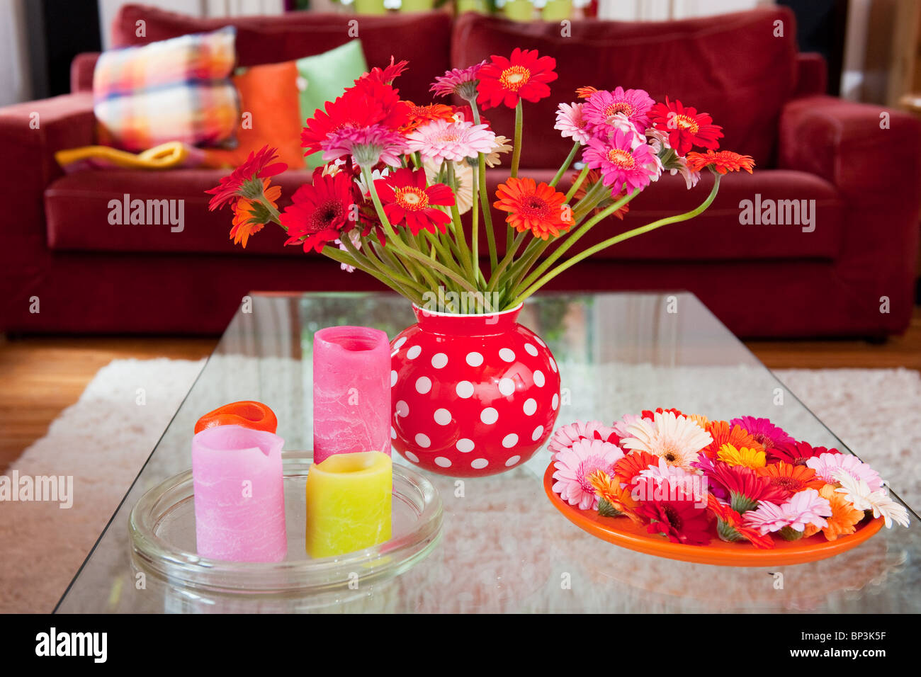 Vase avec intérieur coloré à Gerber à la table Banque D'Images