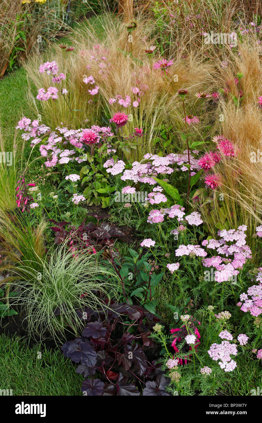 La plantation mixte de gravier dans un jardin avec des fleurs et herbes Banque D'Images