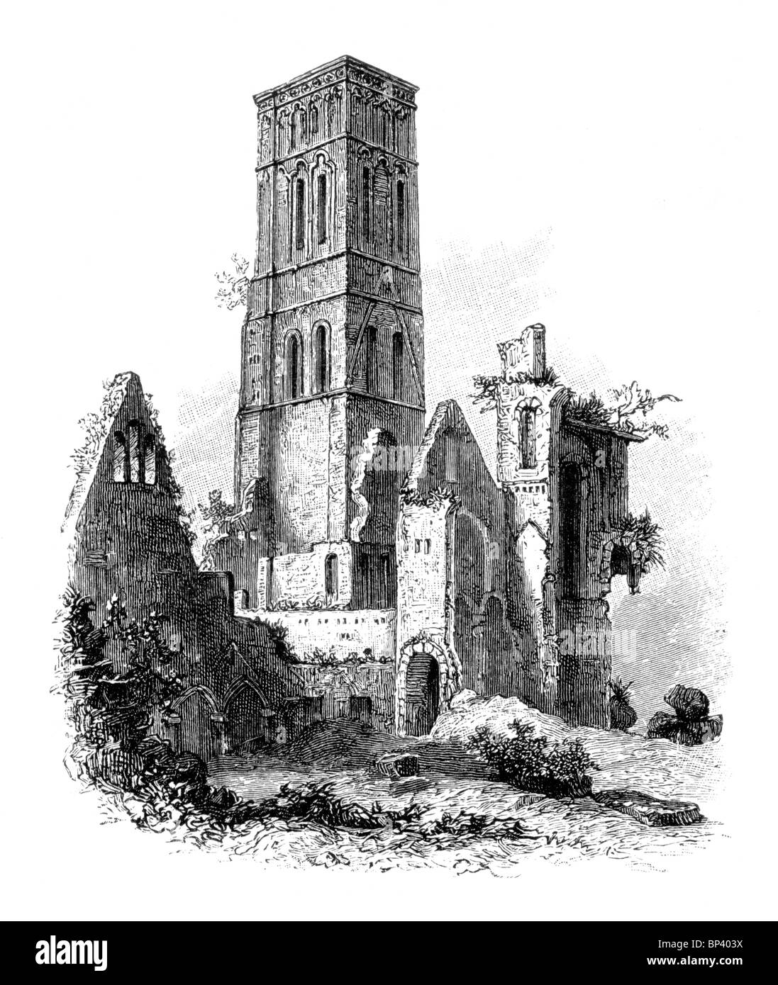 Illustration noir et blanc ; les ruines de l'abbaye, Oxford Osney 17e siècle Banque D'Images