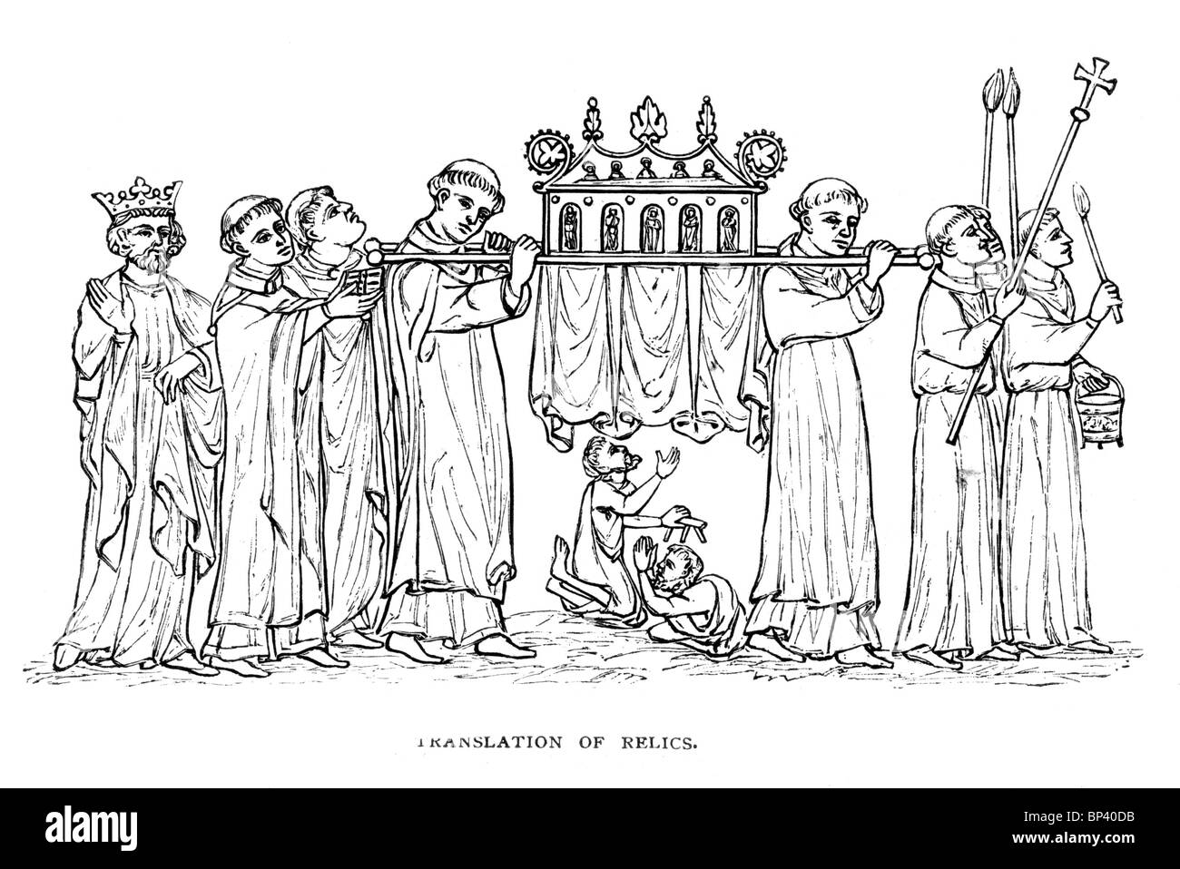 Illustration noir et blanc ; traduction de reliques du Saint ; probablement l'éclairage par Matthew Paris Moine de St Albans Banque D'Images