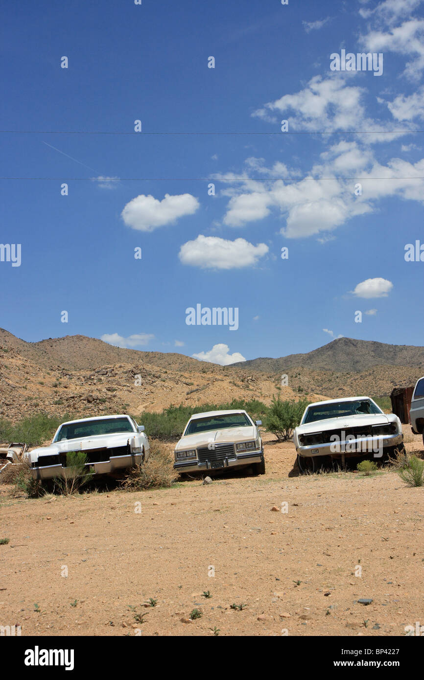 Oldtimer voitures garées dans le désert de l'Arizona, micocoulier, USA Banque D'Images