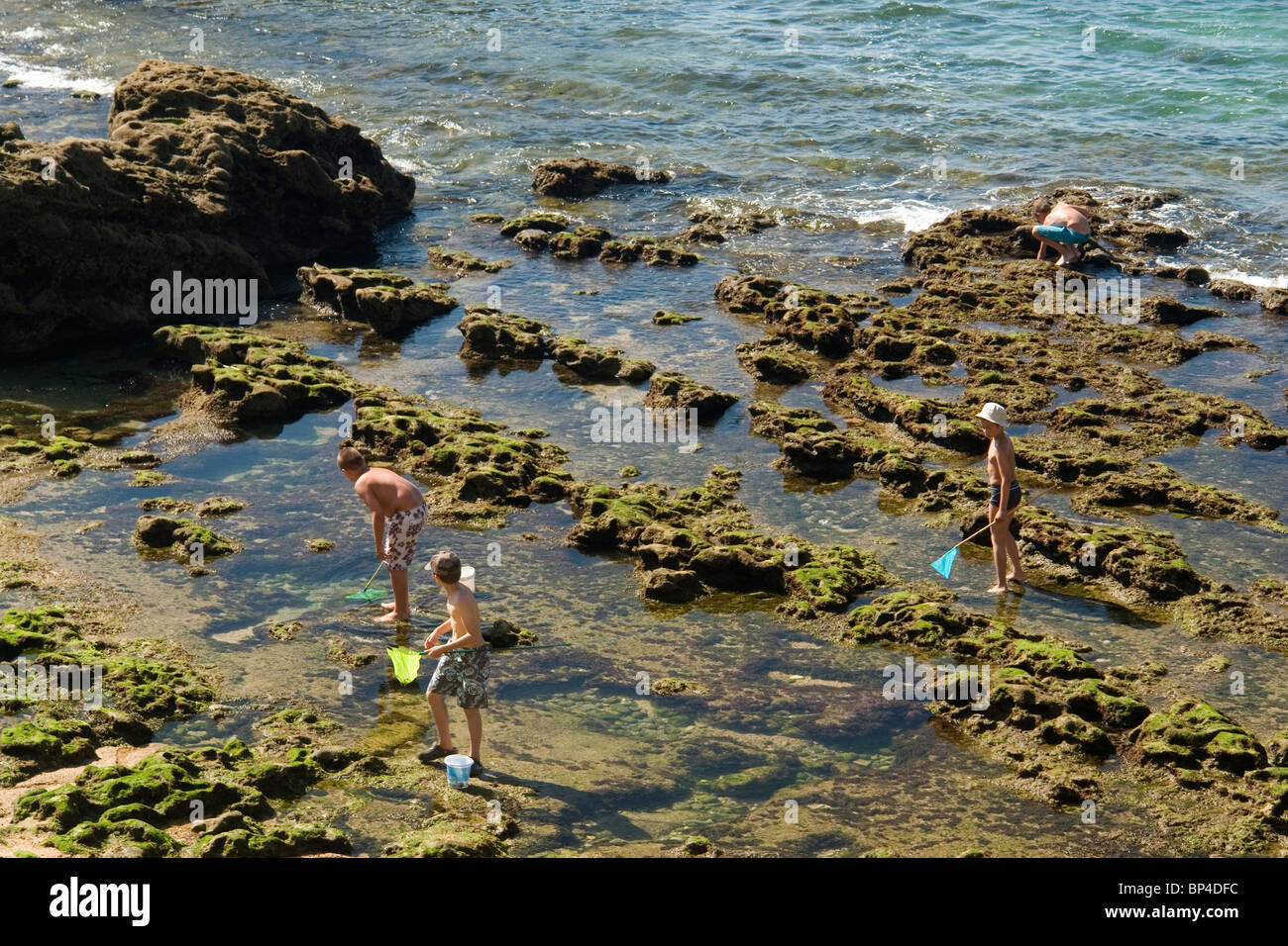 Les jeunes enfants la pêche à pied sur une place de la Mer de Biarritz (France). Enfants pêchant à pied sur le rivage à Biarritz. Banque D'Images