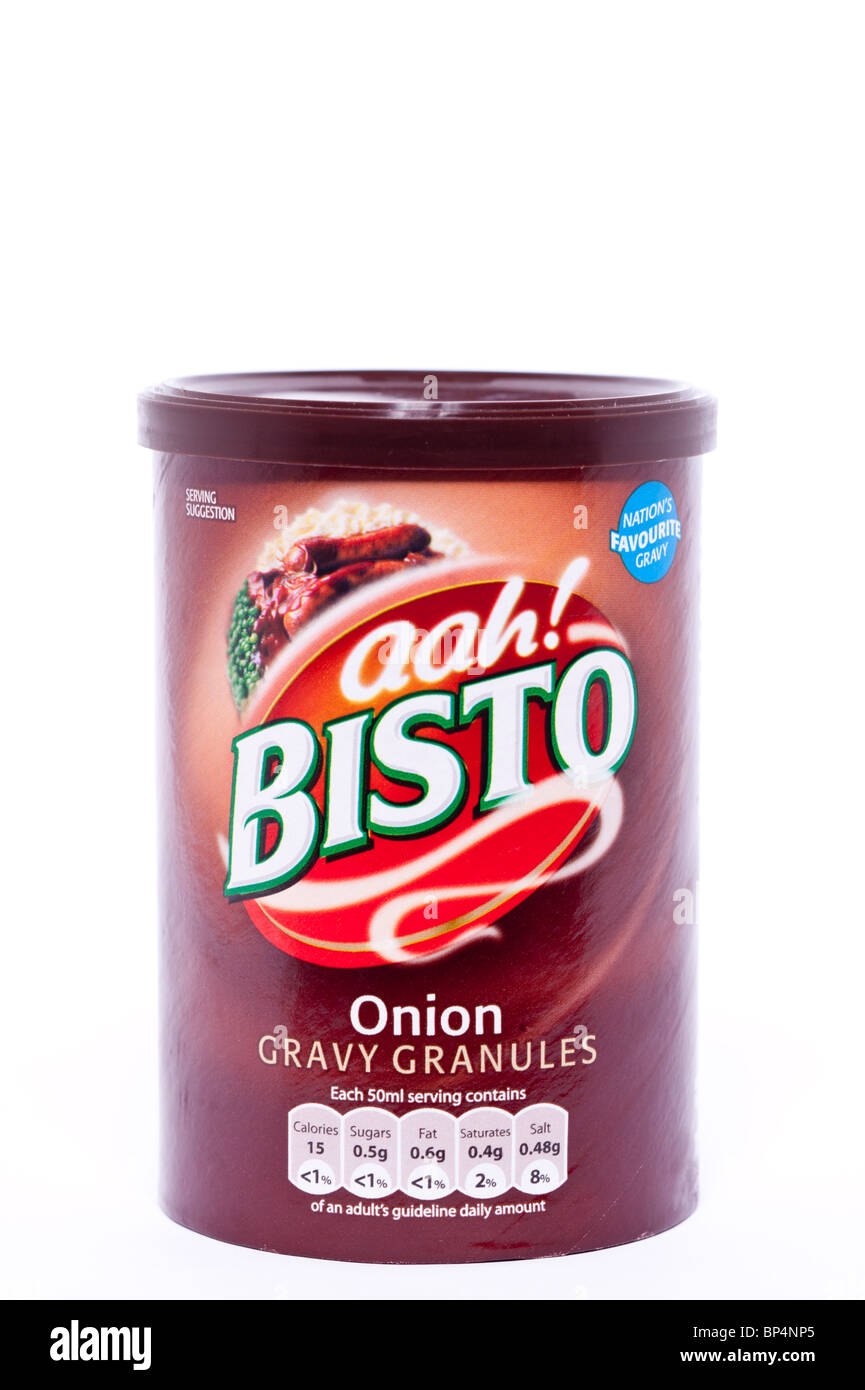 Une coupe d'un baquet d'oignon Bisto gravy granules sur fond blanc Banque D'Images