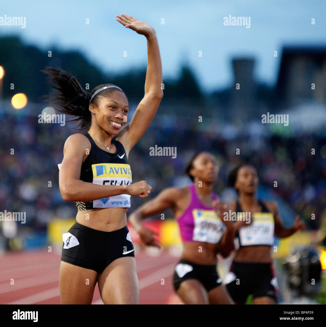 Allyson Felix 200m femmes chez Aviva London Grand Prix, Crystal Palace, Londres. Banque D'Images