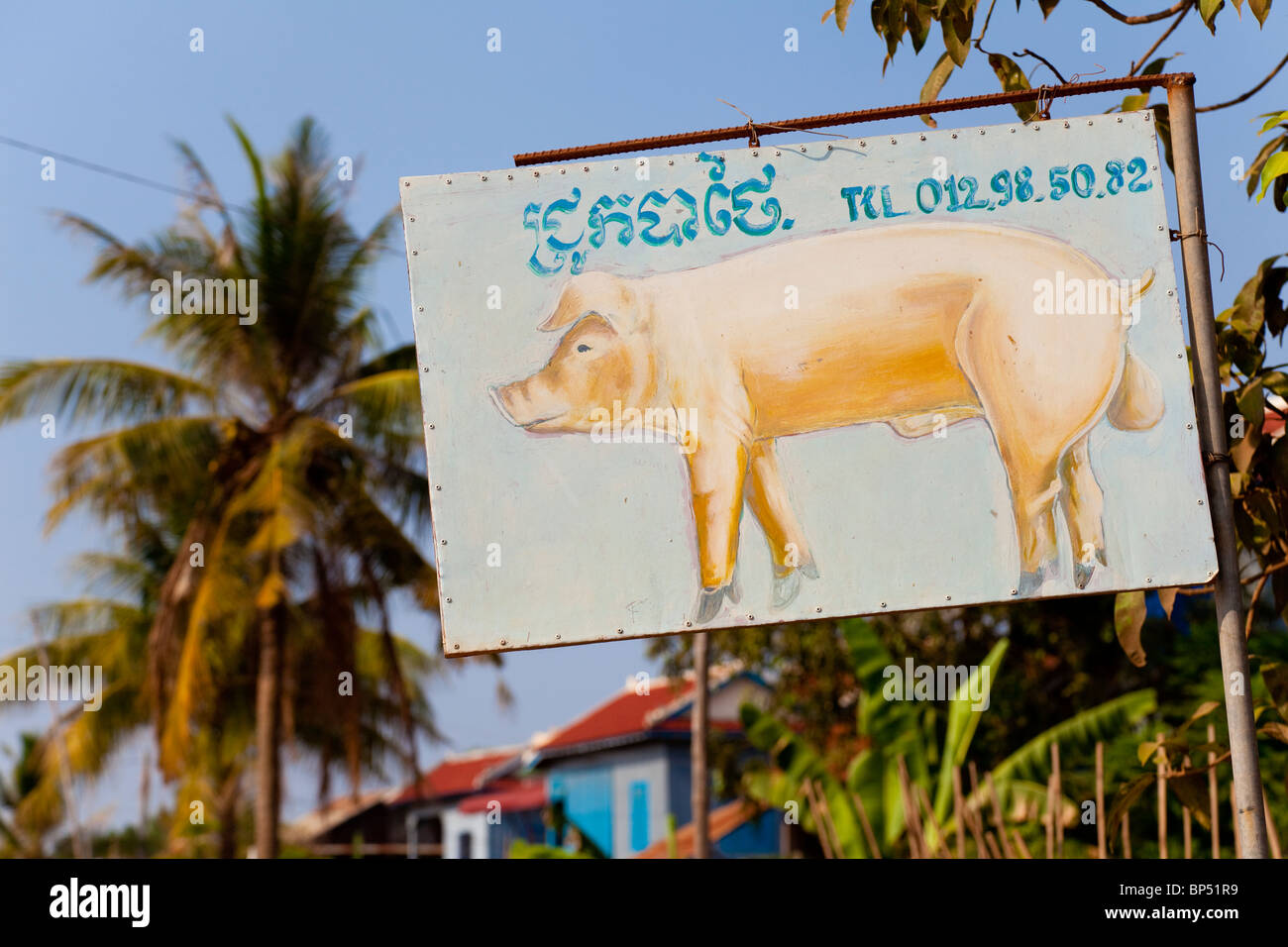 À la main la boutique sign advertising l'élevage porcin - Province de Kandal, Cambodge Banque D'Images