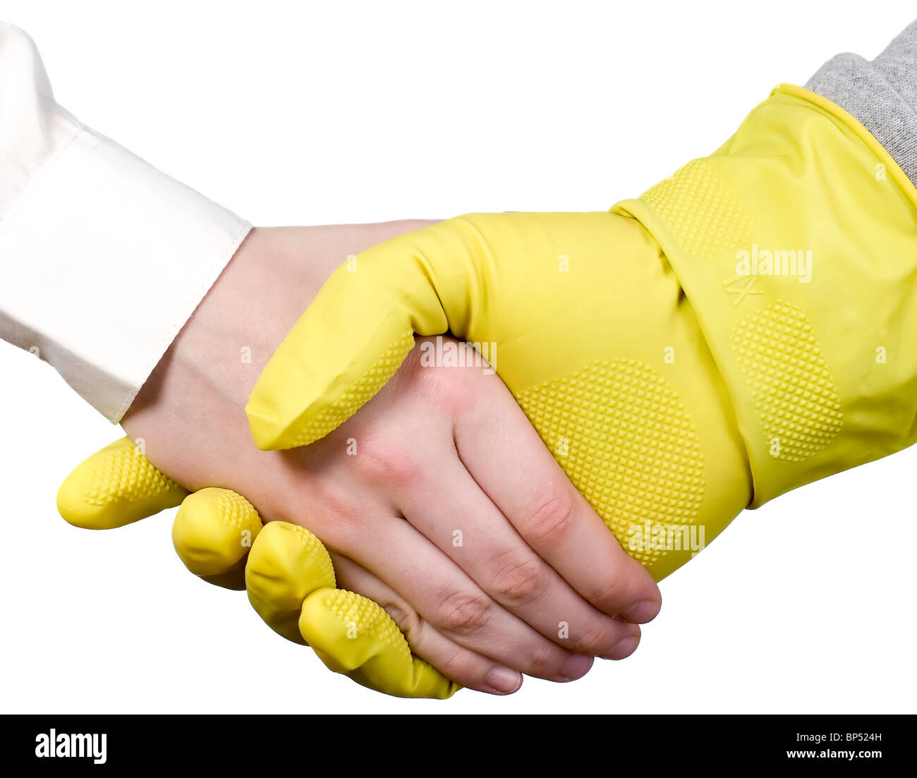 Gant de nettoyage avec des travailleurs, serre la main du businessman Photo  Stock - Alamy
