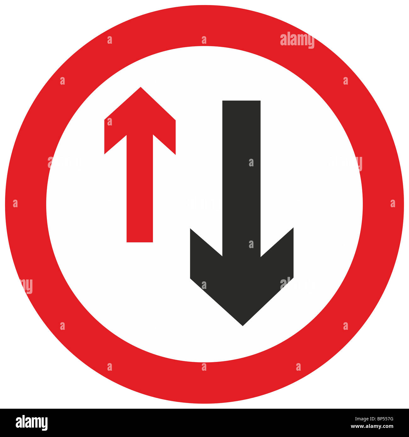 Uk road sign la circulation venant en sens inverse a la priorité de l'avant face à venir vers Banque D'Images