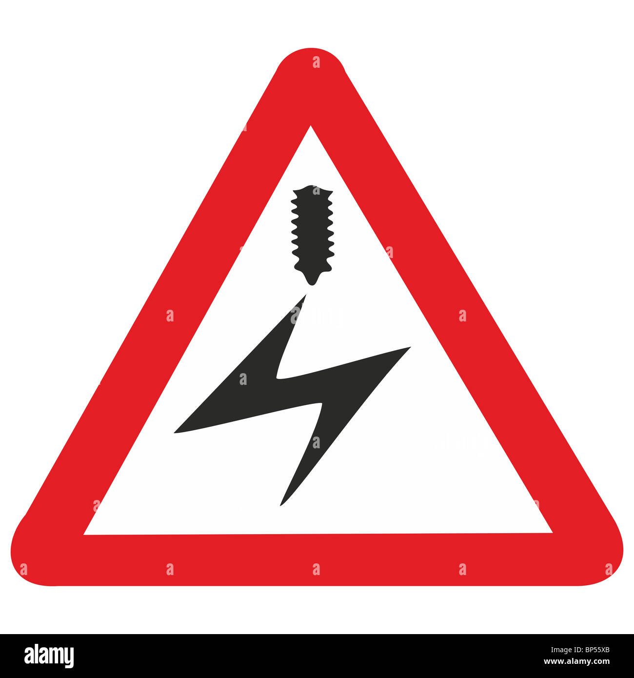 Uk road sign danger haute tension ligne électrique aérienne Banque D'Images