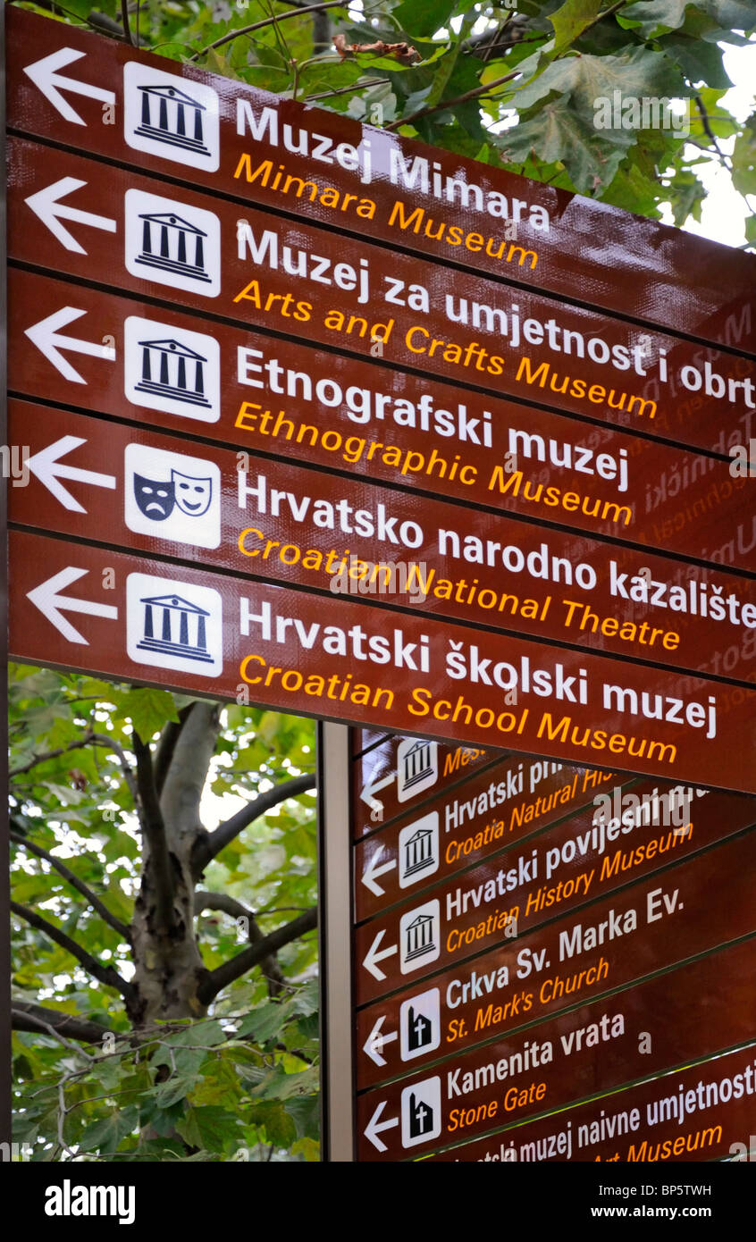 Zagreb, Croatie. Des panneaux bilingues en croate et en anglais montrant les lieux d'intérêt Banque D'Images