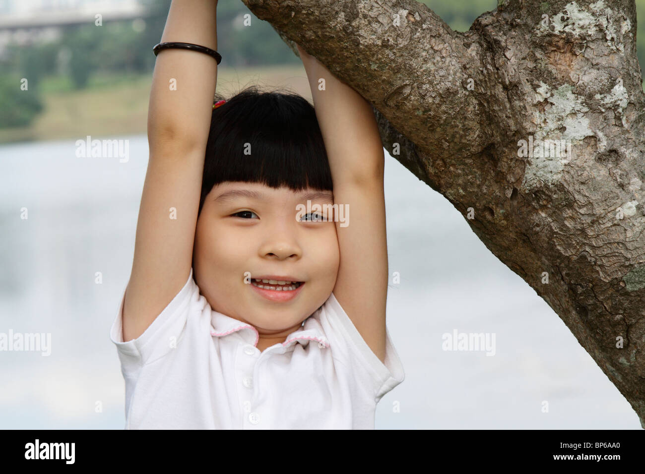 Une jeune fille asiatique jouant autour d'un arbre Banque D'Images