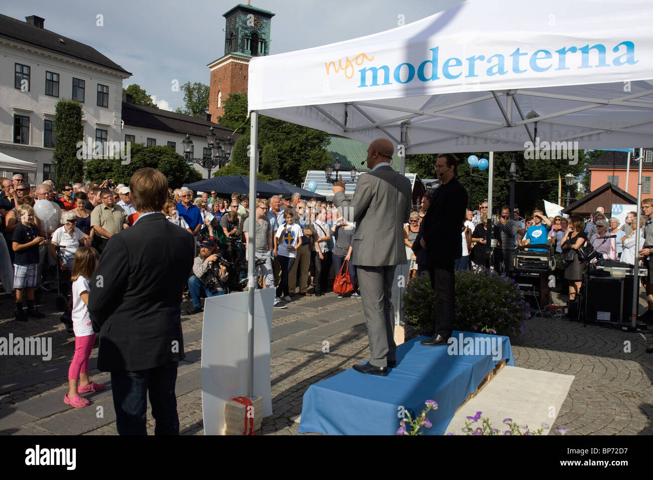 Fredrik Reinfeldt, Premier Ministre suédois, et Anders Borg, ministre des Finances, lors d'une campagne avant l'élection suédoise. Banque D'Images