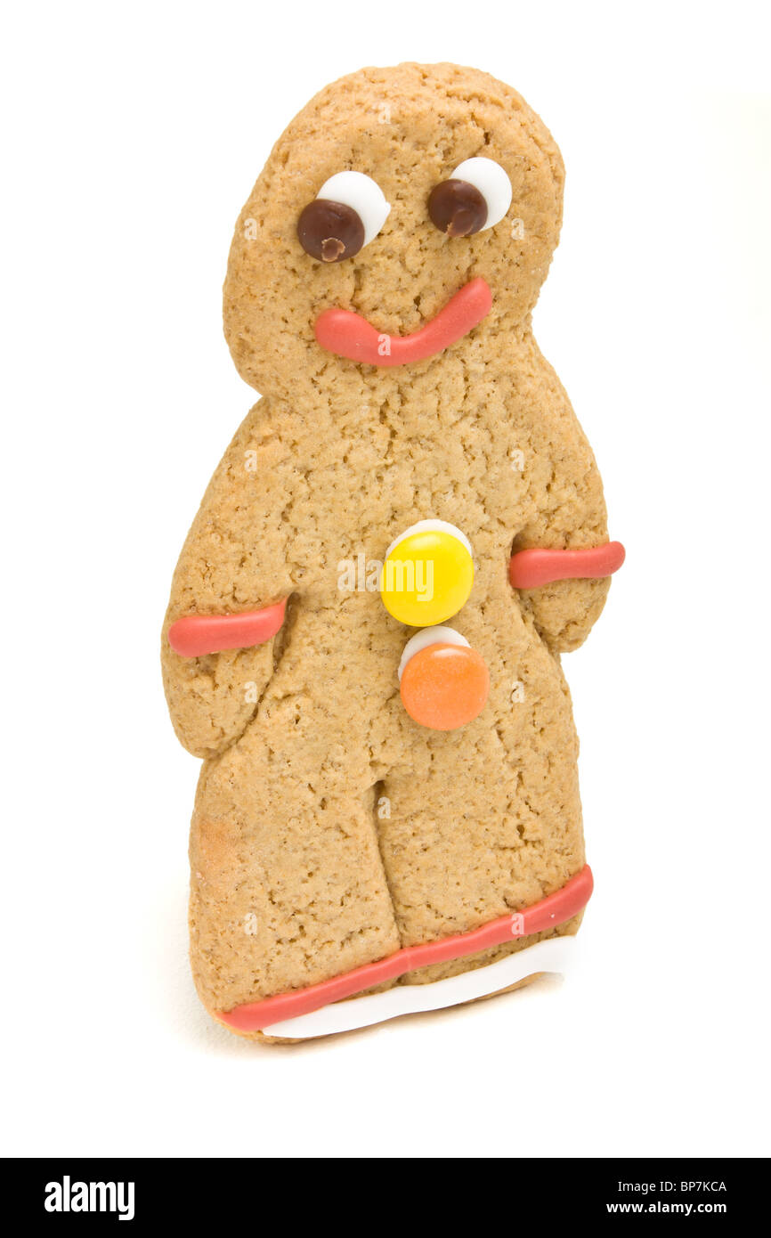 Gingerbread Man de perspective faible contre isolé sur fond blanc. Banque D'Images