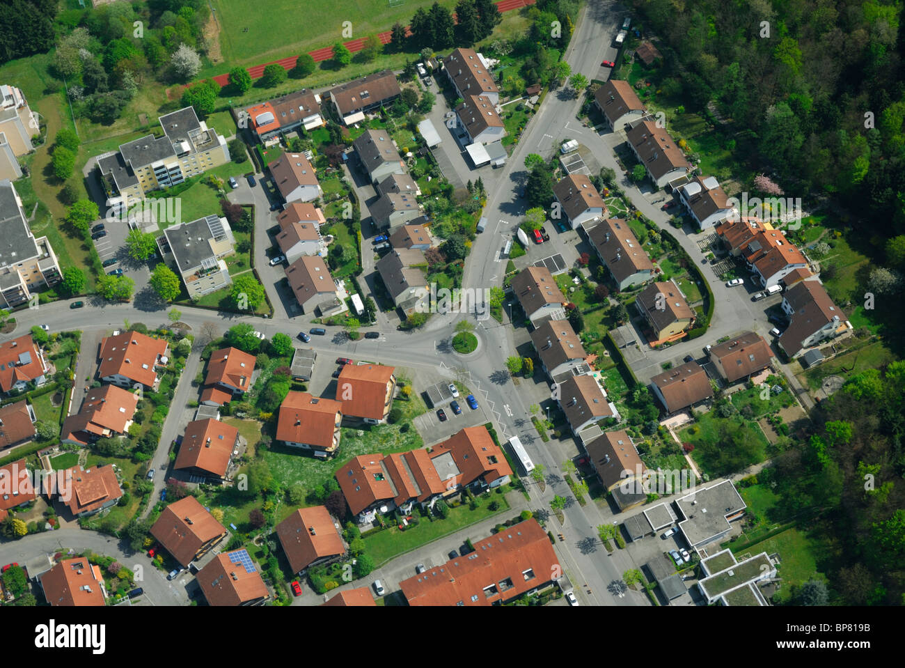 Vue aérienne du quartier résidentiel de l'ouest de Friedrichshafen, le lac de Constance (Bodensee), Bade-Wurtemberg, Allemagne Banque D'Images