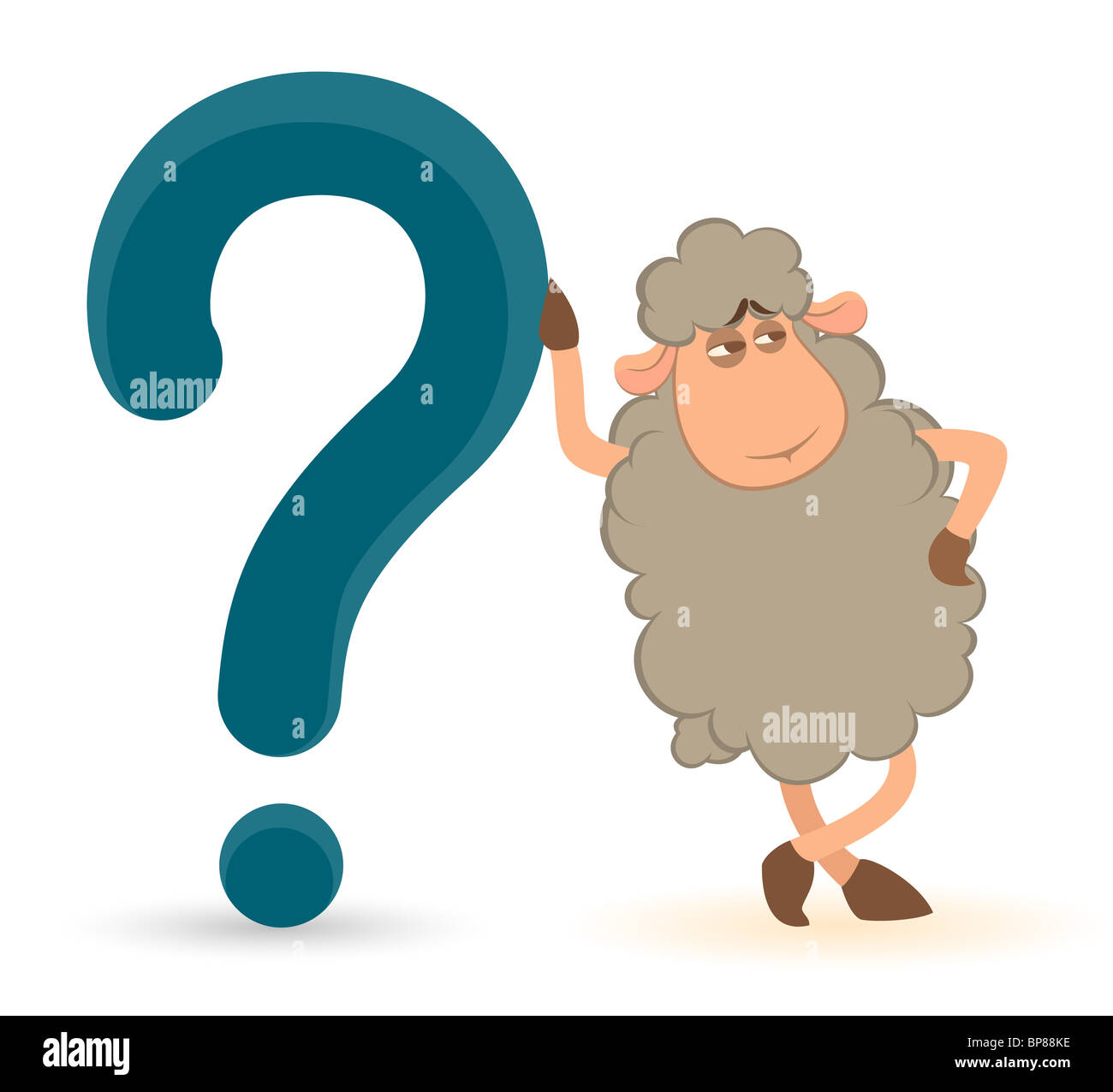 Cartoon moutons pousse une question-marque sur un fond blanc Banque D'Images