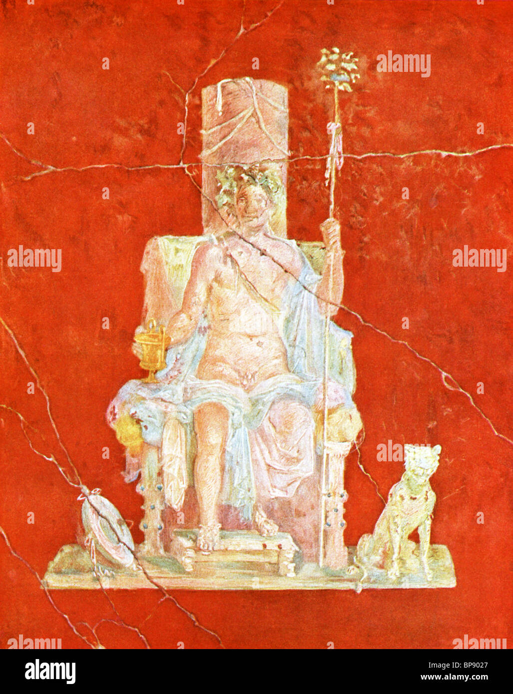 Cette peinture murale montrant Dionysos intronisé, avec un chien assis à côté du trône, a été trouvé dans la maison de Pompéi du Naviglio. Banque D'Images