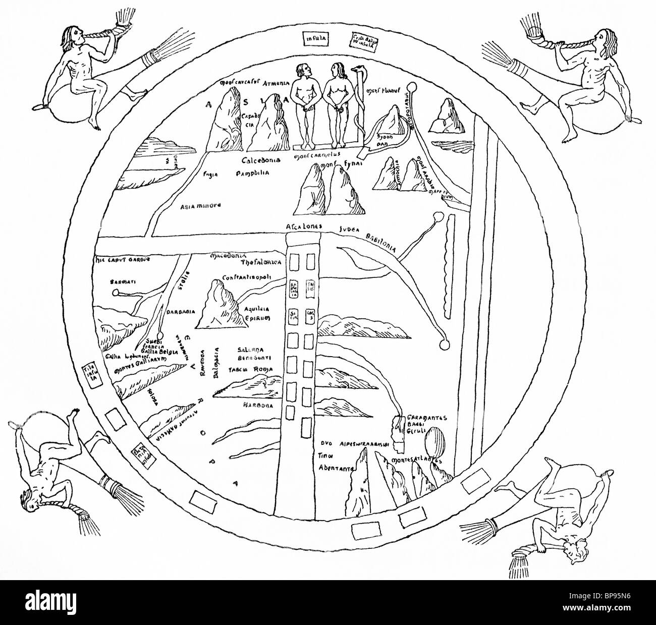 La 8ème siècle carte du monde de Turin a monde circulaire mais plat et entouré par l'océan d'eau, avec quatre vents dans les coins Banque D'Images