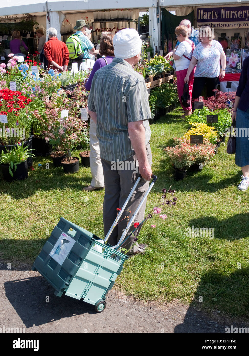 Homme avec chariot de Plantes, Jardin Afficher, Édimbourg Banque D'Images