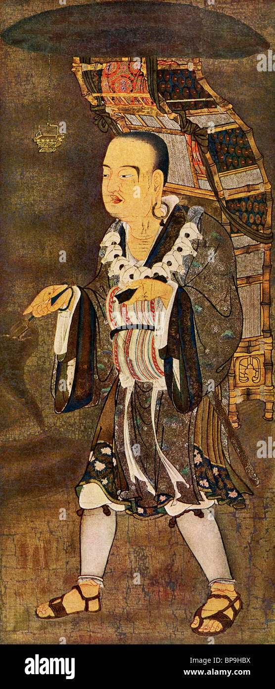 Cette très vieille illustration montre le pèlerin bouddhiste chinois Xuanzang à son retour de l'Inde. Banque D'Images