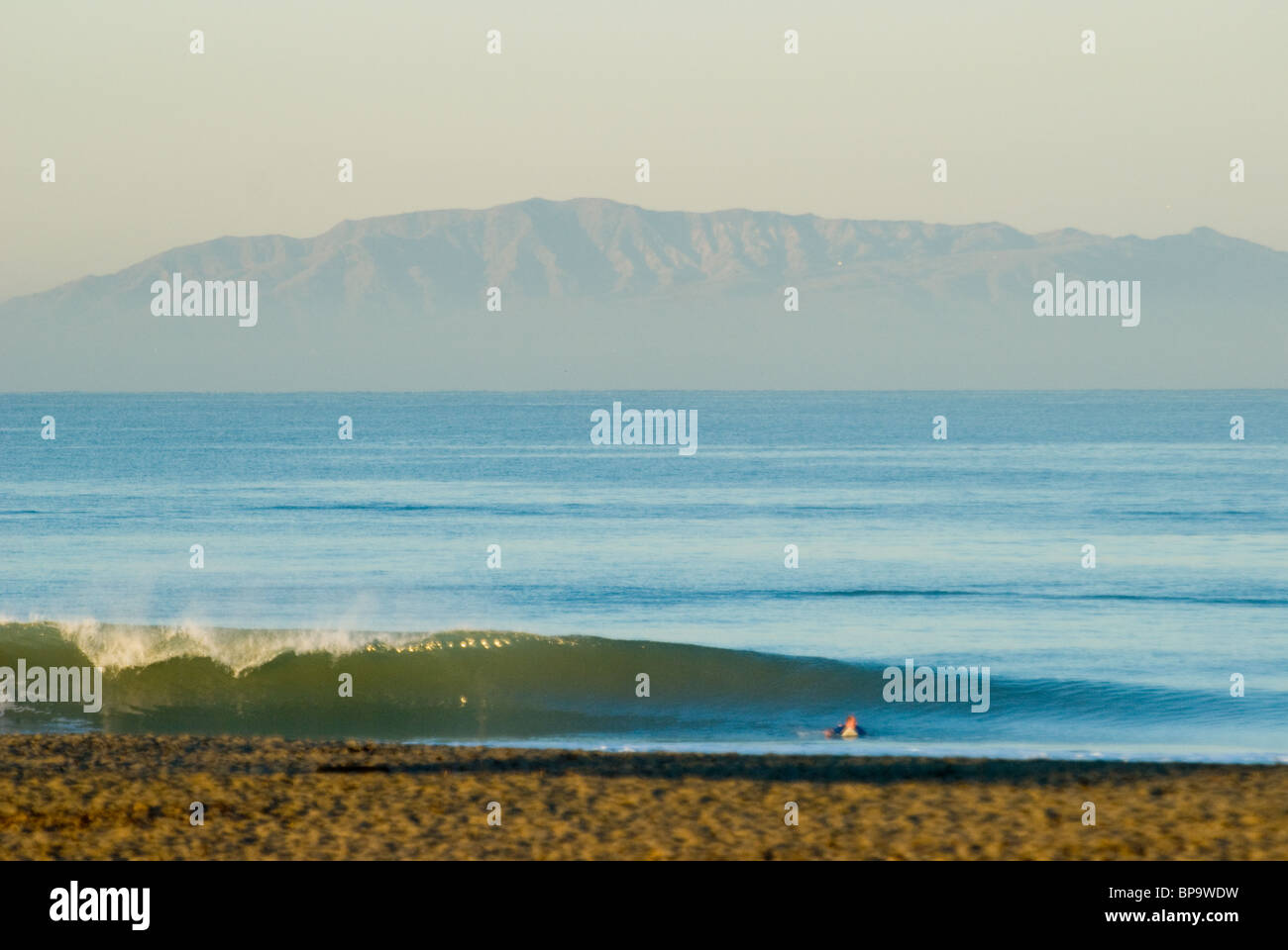 Un surfeur homme rame pour une parfaite petite vague, Ventura, Californie, USA. Banque D'Images