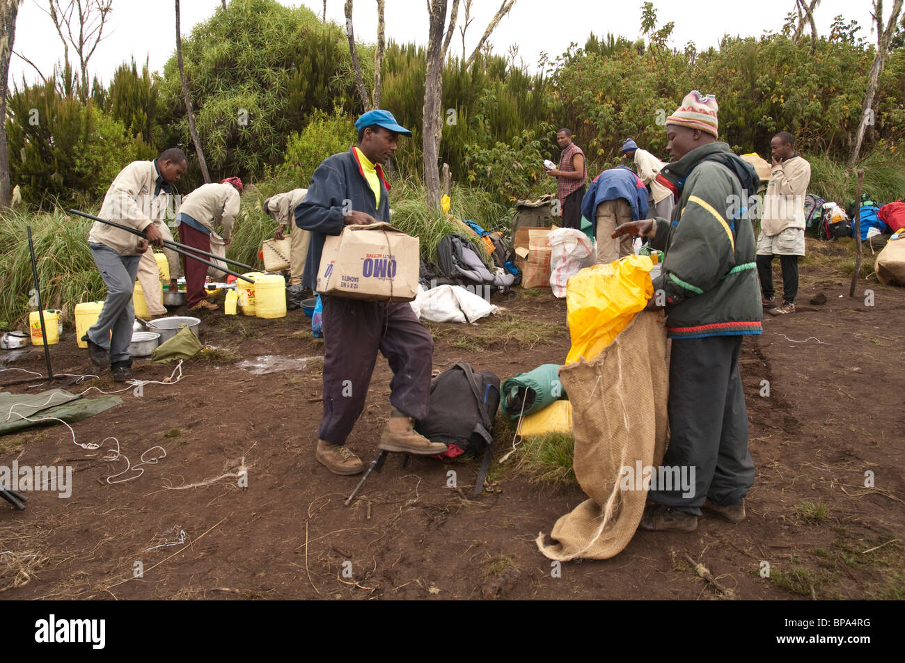Tension d'emballage porteurs au Camp forestier sur la route Machame Tanzanie Kilimandjaro Banque D'Images