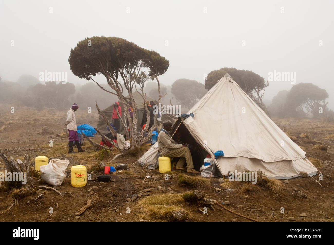 Porteurs à tente cuisine sur Route Machame Tanzanie Kilimandjaro Banque D'Images