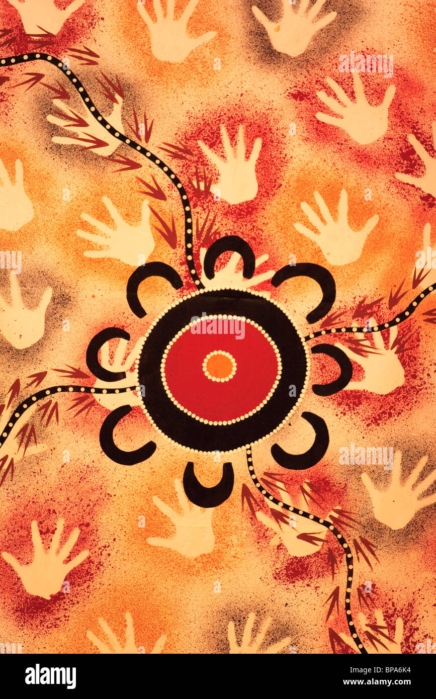 Travaux d'art autochtone sur l'affichage à l'Aboriginal and Torres Strait Islander Centre Culturel en centre-ville de Townsville. Banque D'Images