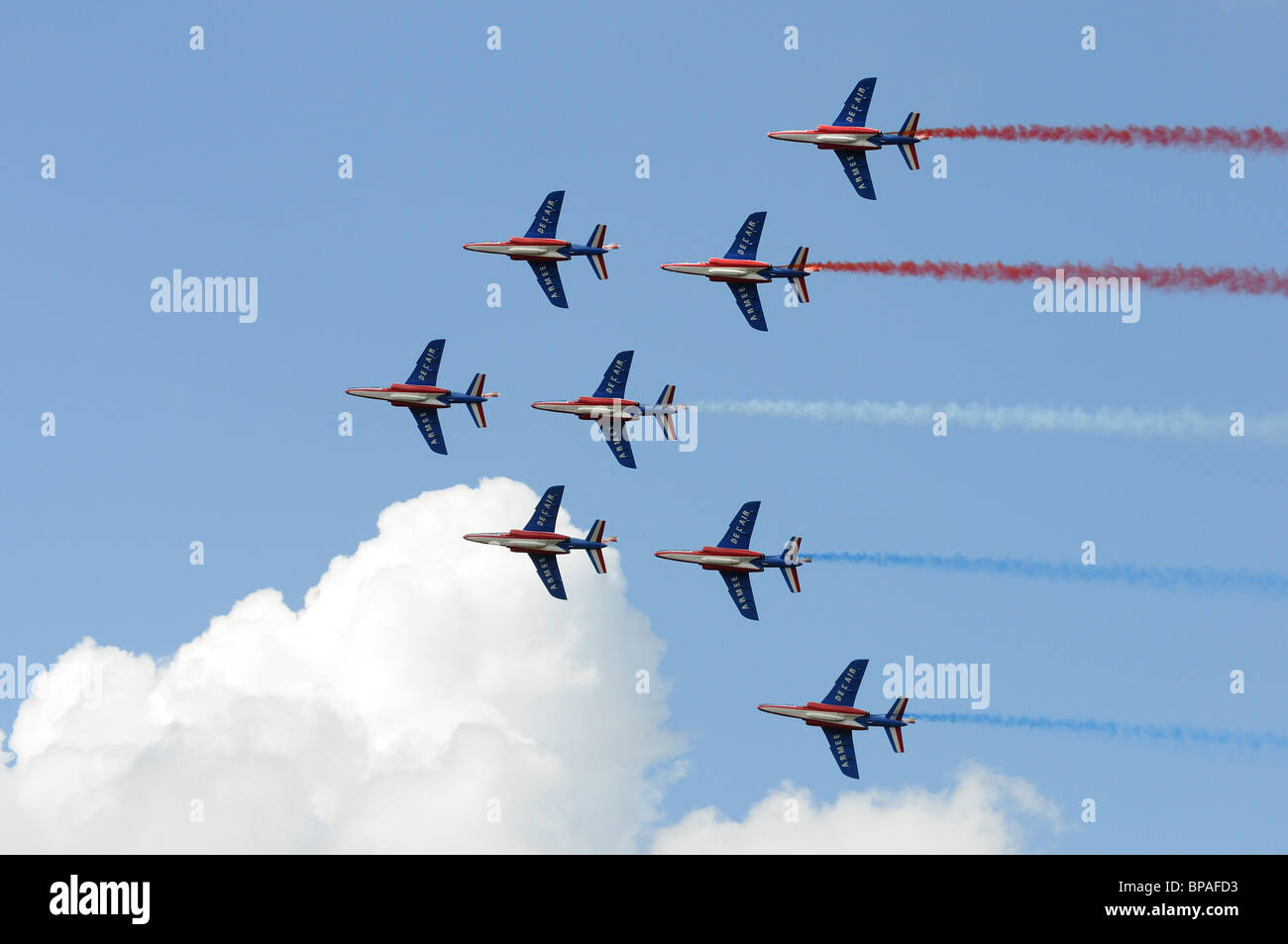La Patrouille de France dans leur Dassault/Dornier Alpha Jet Es affichage à l'RIAT 2010 Royal International Air Tattoo Banque D'Images