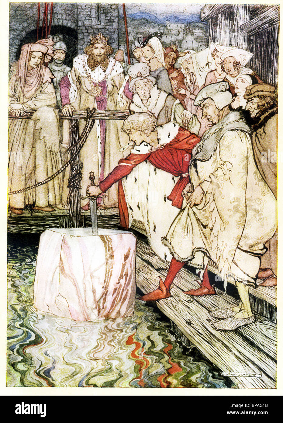 Le Roi Arthur et sa cour montre pour voir si Galahad peut tirer l'épée de la pierre. Il fait et dit dans son fourreau. Banque D'Images