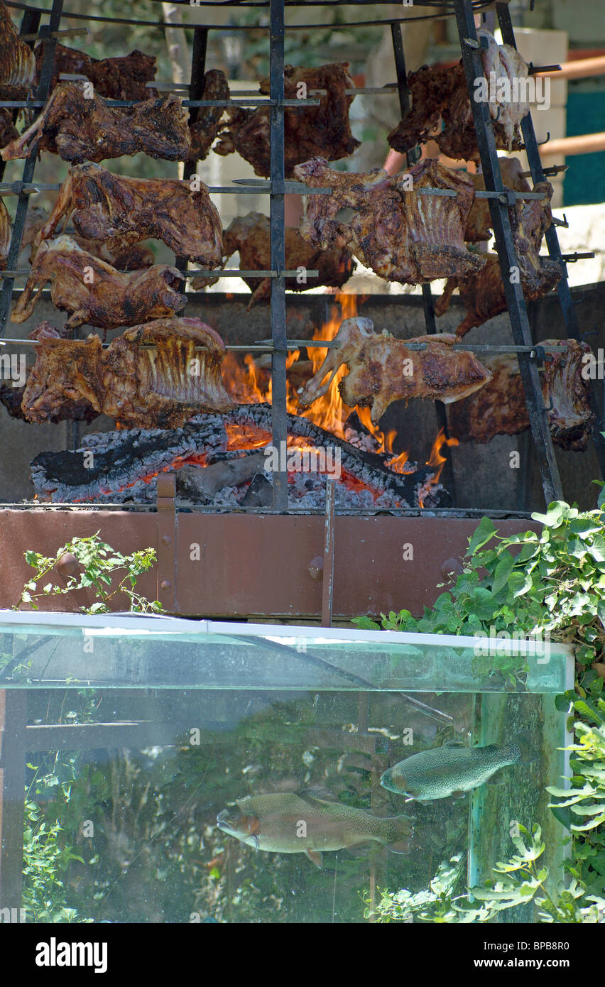 Barbecue de viande sur feu ouvert avec la truite en réservoir à l'extérieur taverna Crète Grèce Banque D'Images