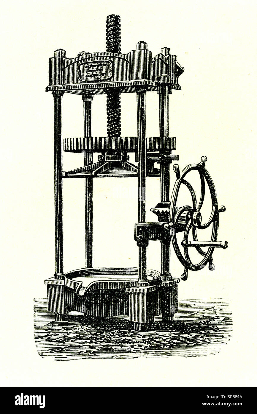 Appuyez sur pour élaborer l'huile d'olive. Illustration d'antiquités. 1889. Banque D'Images