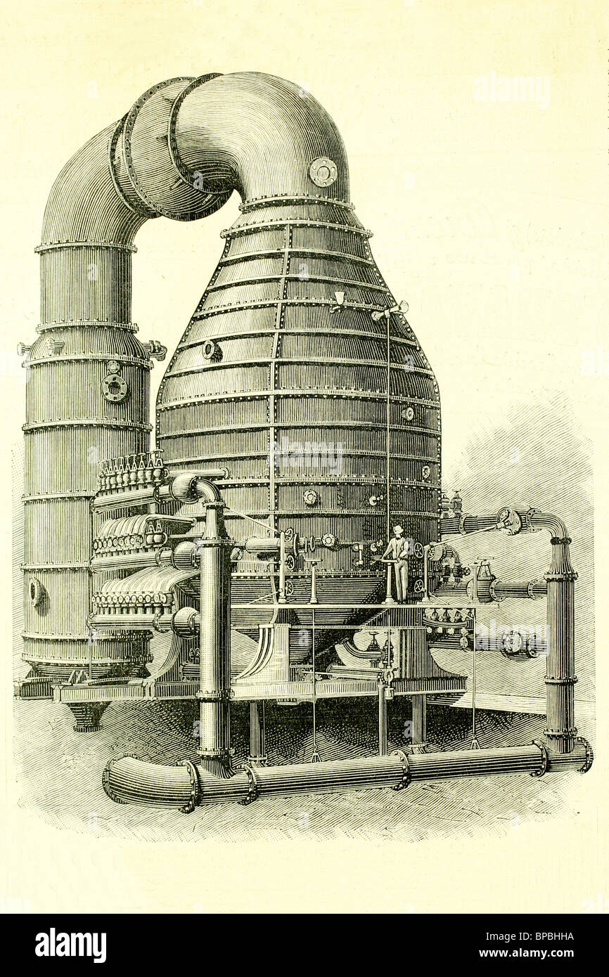 Chaudière pour élaborer le sucre. Installé en 1884 dans la raffinerie de sucre de la Californie, San Francisco. Illustration d'antiquités. 1885 Banque D'Images