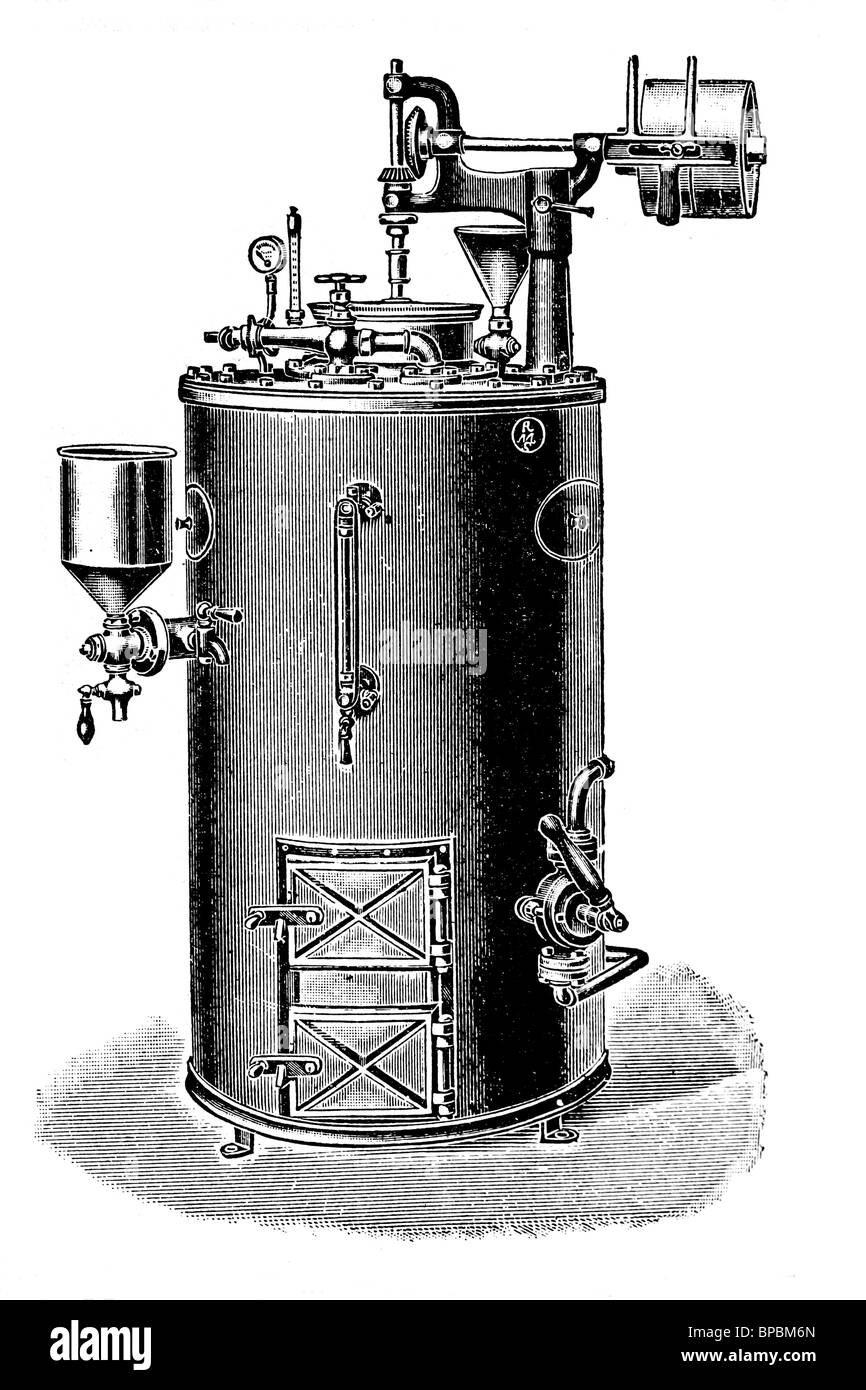 Appareil à pasteuriser proposé par la vapeur. Illustration d'antiquités. 1900. Banque D'Images