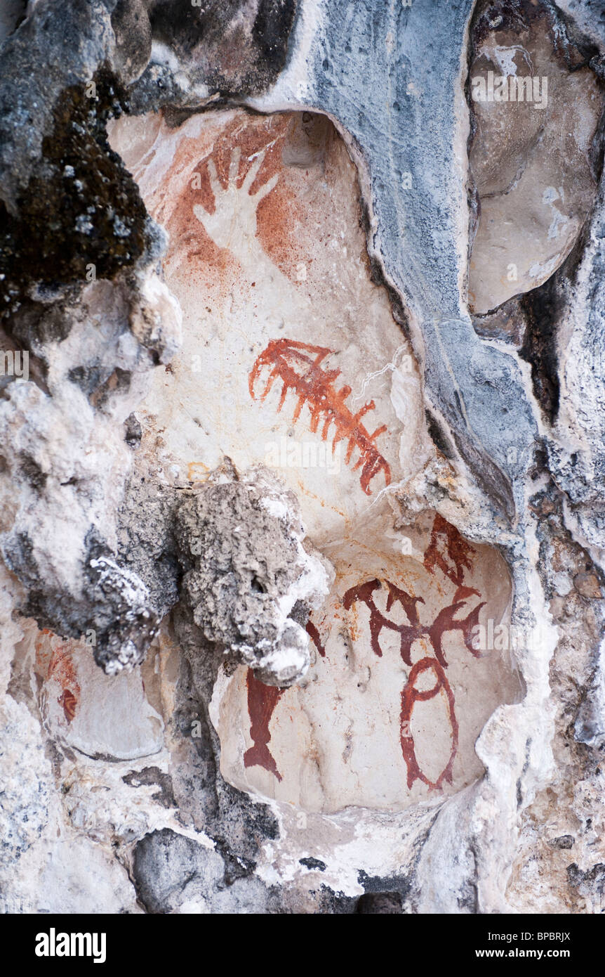 L'art rupestre préhistorique, Misool, Papouasie occidentale, en Indonésie. Banque D'Images