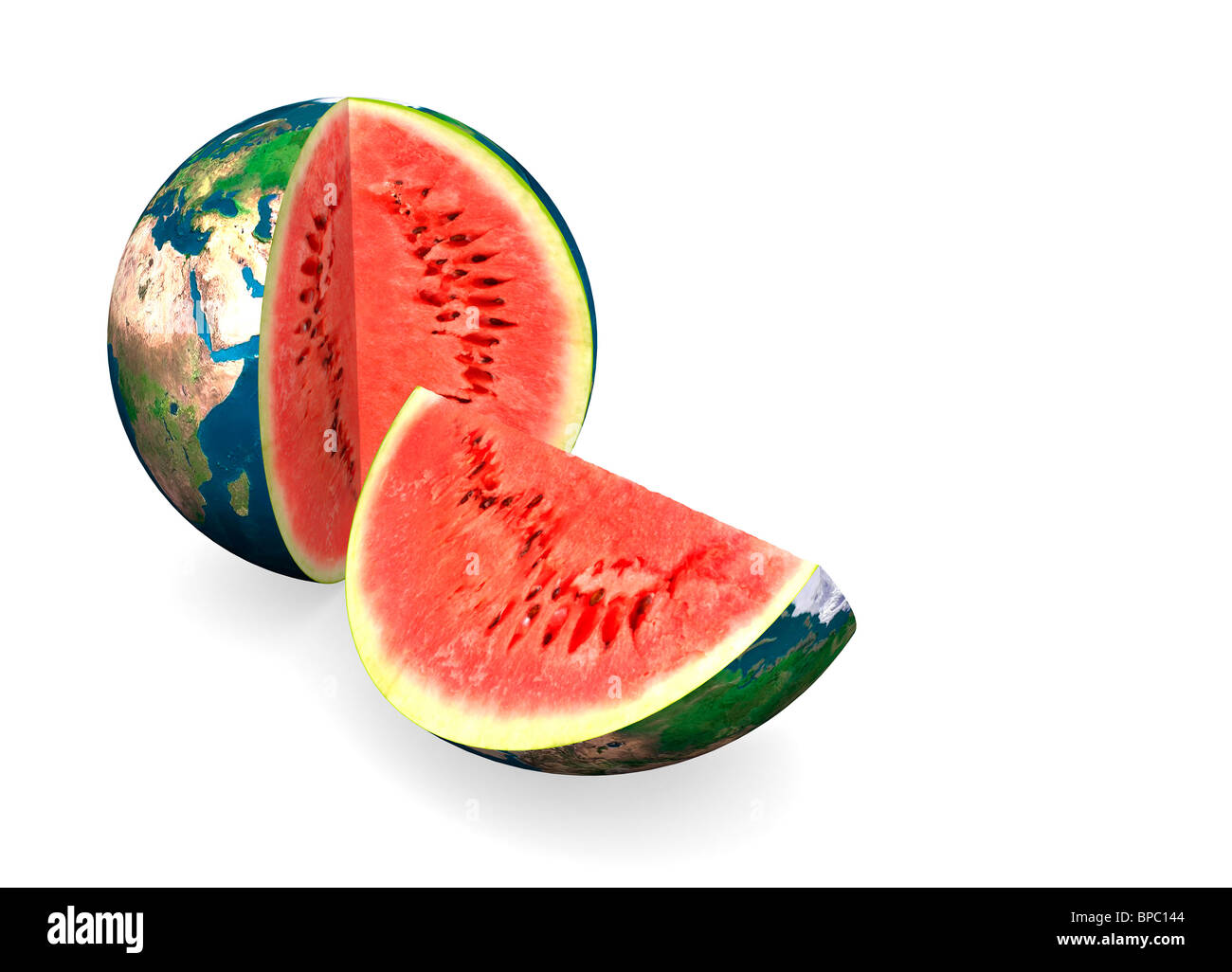 Globe terrestre avec de l'eau de surface à l'intérieur du melon coloré abstrait conceptuel 3D illustration isolé sur fond blanc Banque D'Images