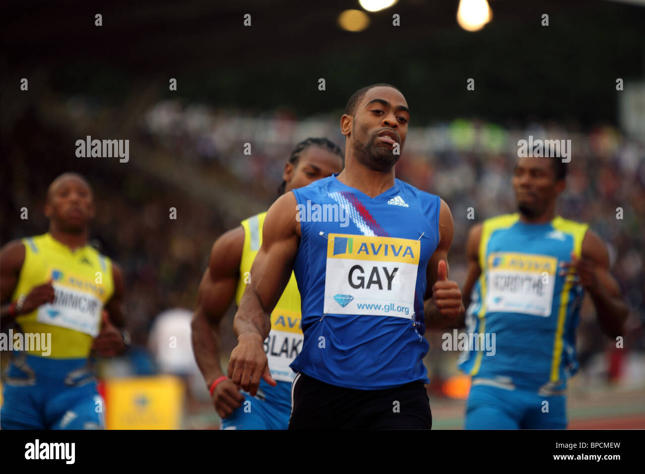 Tyson Gay le gagnant le 100 m sprint race chez Aviva London Grand Prix, Crystal Palace. Août 2010 Banque D'Images