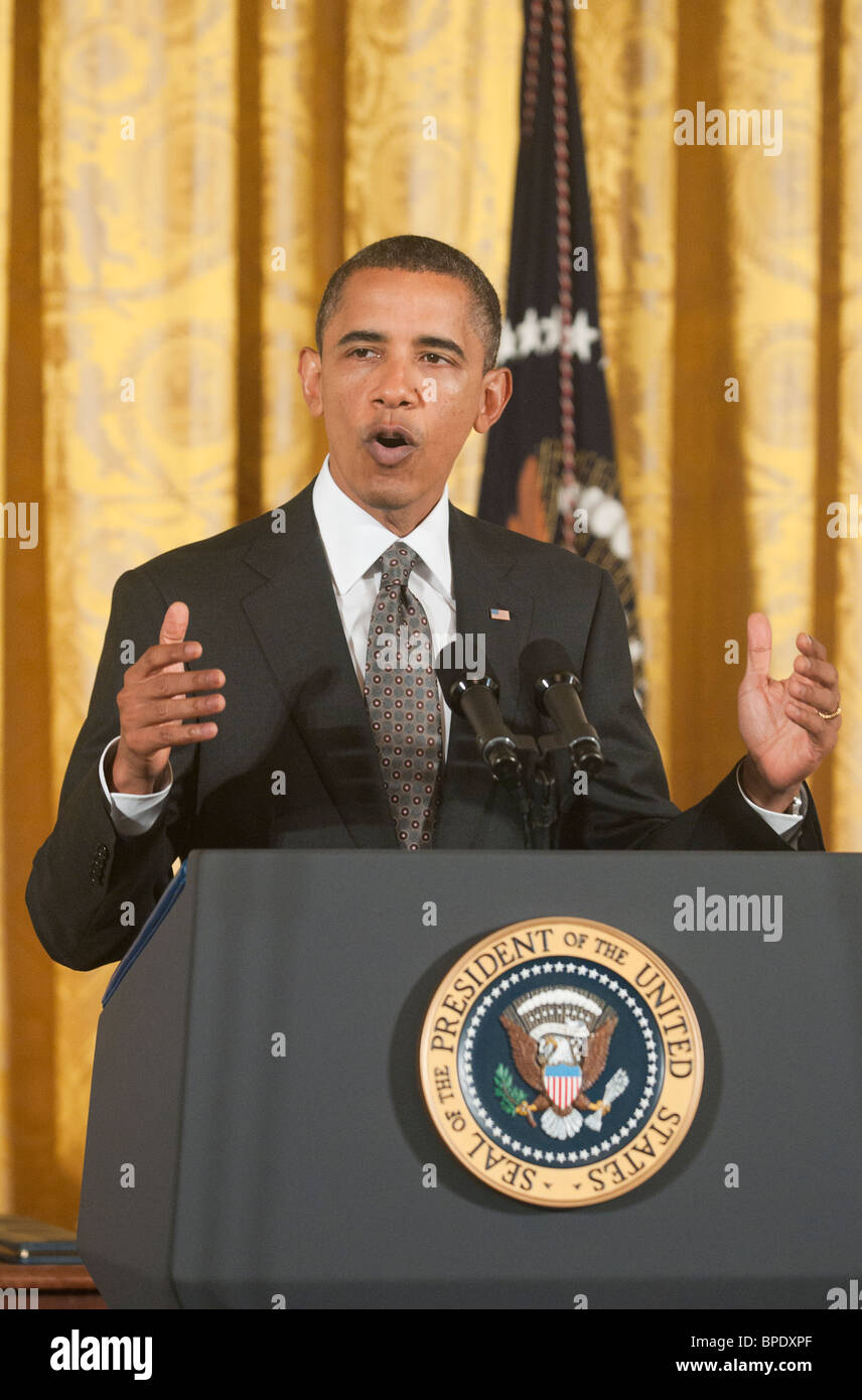 Barak Obama parle à une nouvelle conférence à Washington DC. Banque D'Images