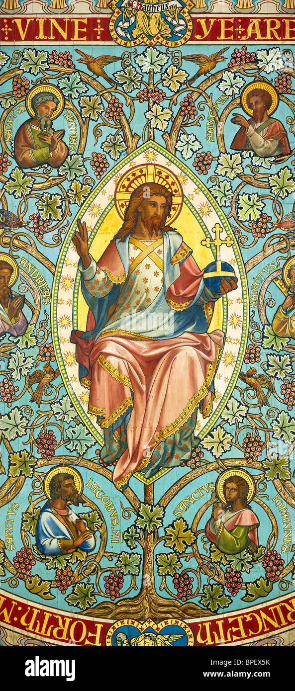 Christ roi en triomphe après sa résurrection, peinture, plafond cathédrale de Peterborough. Banque D'Images