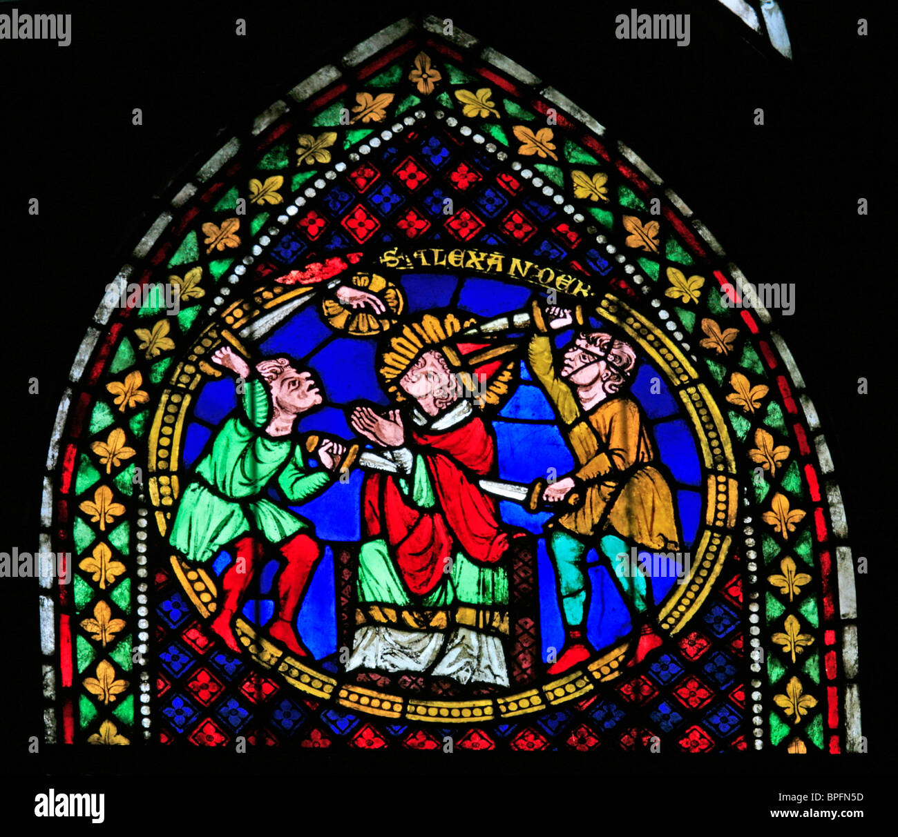 Un vitrail représentant le Martyre de Saint Alexandre, Freiburg, Bade Wurtemberg, Allemagne Banque D'Images