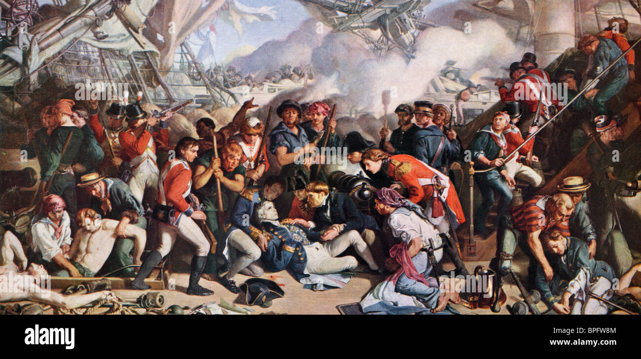 La Mort De Nelson. Vice-amiral Horatio Nelson, premier vicomte Nelson, premier duc de Bronté, 1758 – 1805. Officier du drapeau britannique dans la Royal Navy. Banque D'Images