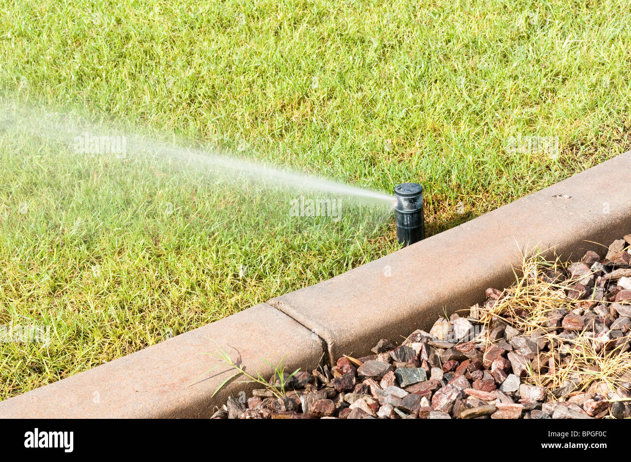 Un arrosage automatique est utilisé pour l'eau l'herbe dans un parc de la ville de l'Arizona. Banque D'Images