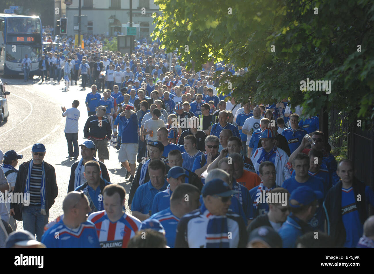 Les fans de football des Rangers lors de l'UEFA Cup 2008 Finale à Manchester Banque D'Images