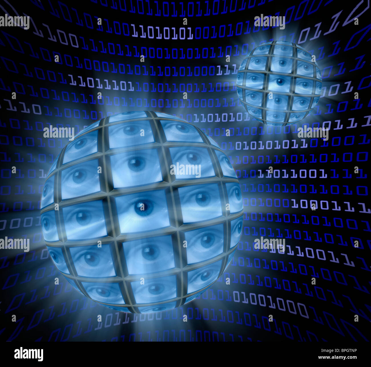 Deux sphères de moniteurs vidéo montrant chaque globes oculaires, entourée d'un champ bleu code informatique numérique Banque D'Images