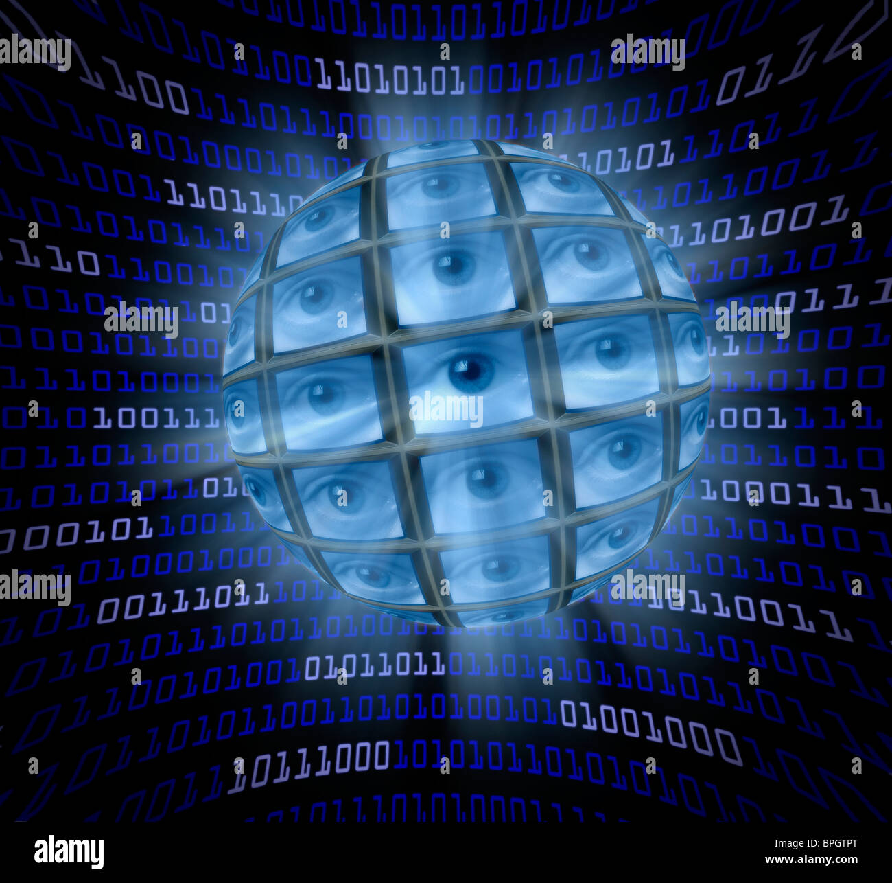 Une sphère de moniteurs vidéo chaque montrant un globe oculaire entouré par un champ bleu code informatique numérique Banque D'Images