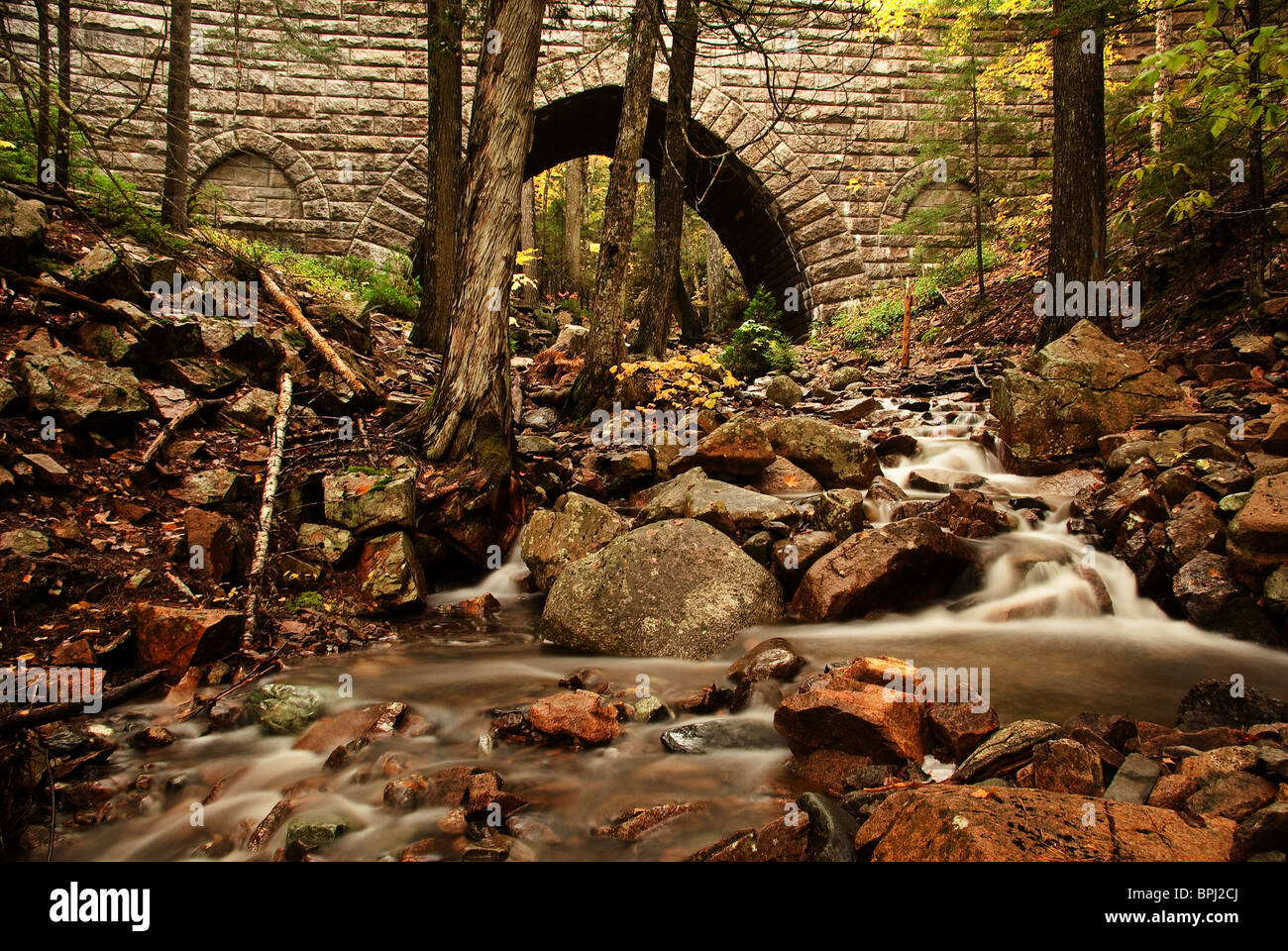 Un ruisseau traverse le parc national d'Acadia et sous un pont de pierre Banque D'Images