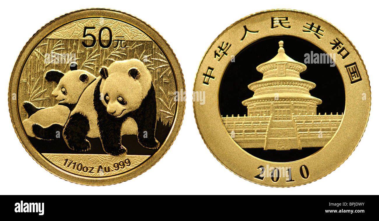 Pièce de monnaie de lingot d'or 10e once - Chinois Panda 2010 Banque D'Images