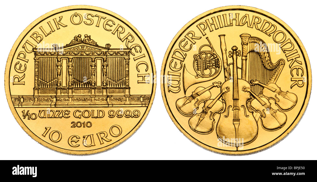 Pièce de monnaie de lingot d'or 10e once - Austrian 2010 Wiener Philharmoniker / Orchestre philharmonique de Vienne Banque D'Images