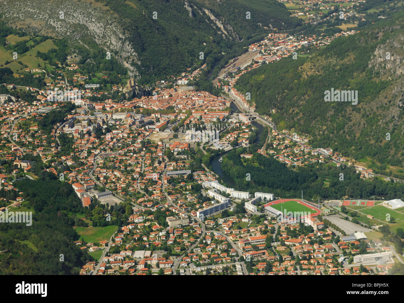 Vue aérienne de la ville de Foix, Ariège, Midi-Pyrénées, France Banque D'Images